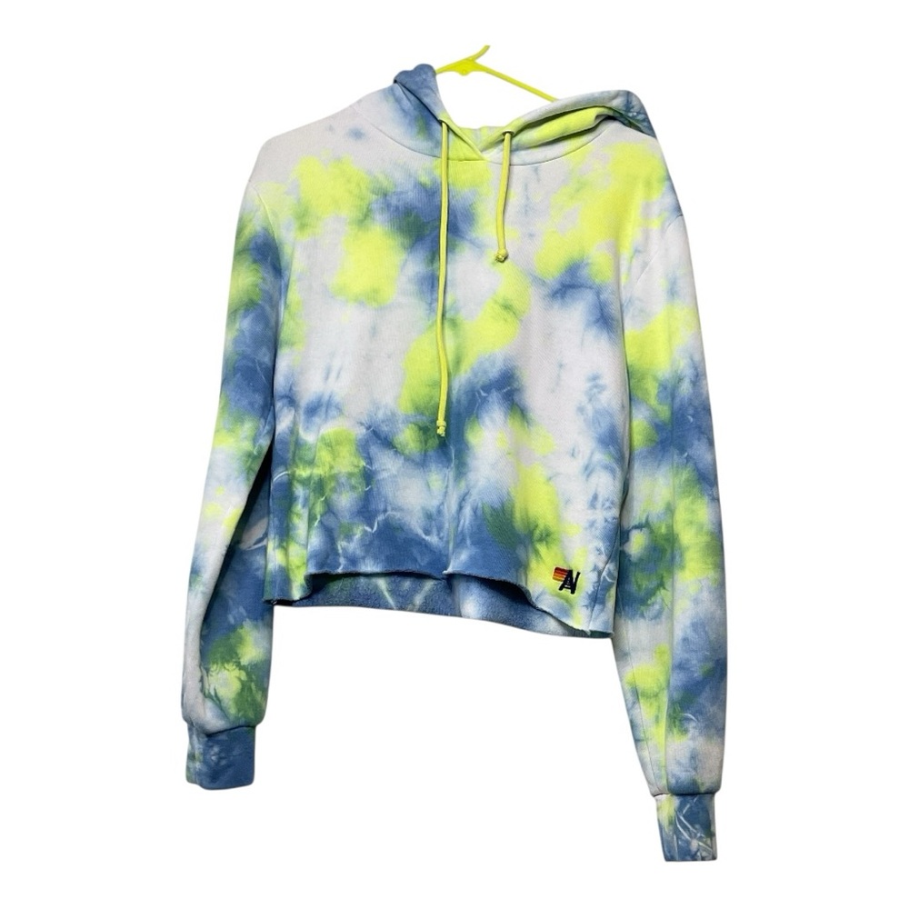 Women’s Aviator Nation cropped, raw hem tie dye hoodie in blue and yellow, sized